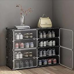 HOMIDEC Shoe Organizer for Closet 4-Tiers Shoe Storage Cabinet 16-Pairs shoe rack for Closet Oganizers and Storage with Hook for Handing Storage Shelf for Entryway (Black, 8-Shelf-Horiz-Door)-image-94