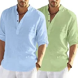 bellstone Men's Cotton Blend Solid Regular Dress Shirt (KURTA800_Combo_Sky Blue_Light Green_XL-picture-4