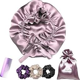 Atrube Satin Silk Hair Bonnet with 3 Premium Scrunchies| Shower cap bonnet Sleep with Adjustable Tie Band for Curly Hair Pale Mauve-image-36