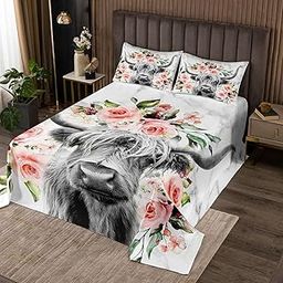 Erosebridal Highland Cow Flower Bedspread Twin Size Bull Cattle Bedding Set Western Funny Animal Coverlet Set Wildlife Farmhouse Cow Bed Cover Rose Grey Marble Quilted Coverlet-image-66