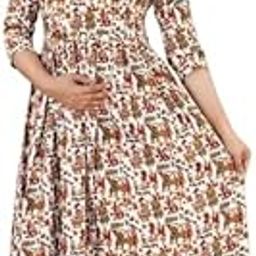 Women's Maternity Dress – Printed Ethnic Wear for Pregnancy & Nursing | Knee-Length Anarkali Style Kurti Gown | 3/4 Sleeve Flared Fit – Comfortable Daily-image-4