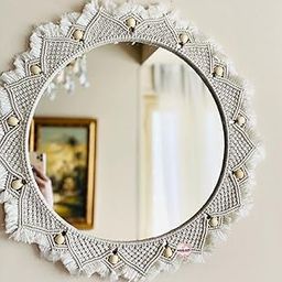 ARSHLAZA Macrame Hanging Wall Mirror with Macrame Round Mirror Art Boho Decor Macrame Decorative Mirror [WM01] Framed, Off-White-image-20