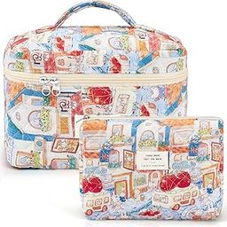 2 Pcs Large Travel Quilted Makeup Bag for Women, Diaper Bag Tote, Travel Zip Closure Diaper, Floral Cotton Toiletry Bag, Aesthetic Cherry Peony Cosmetic Bag, Skincare Organizer Bag(Rabbit Style)-image-21