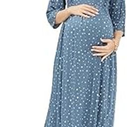 Dual-Zip Star Printed Maxi Cotton Maternity & Nursing Western Fit And Flare Dress | Stylish Convenience For Pre & Post Pregnancy Women's | Size - Xl - Bust - 42 - Light Blue-image-42