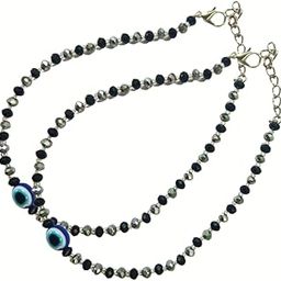 Sterling Silver Black and Silver Self Design Anklet with Evil Eye Nazariya Beads - Stylish Women's Anklet - Gift for Her-image-48