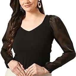 Sweetheart Neck Ruched Front Full Sleeves Ribbed Tops for Women Black-image-39