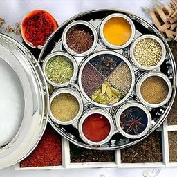 AIRA Stainless Steel 12 in 1 Airtight Masala Box/Organiser/Masala Dani for Kitchen with Middle Container Partition | Individual See through Lid & 4 Spoon Silver (2.5 Ltr | X-Large | 22.5cm)-0