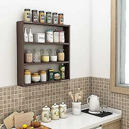 Furniture Cafe Engineered Wood Multipurpose Wall Shelf Floating Shelves Best for Kitchen Storage Boxes, Kitchen Organizer Items Mounted Rack (3 Tier Colour- Brown Matte Finish) Set of 1.-picture-25