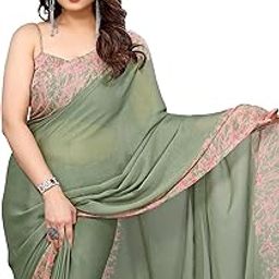 Women's Plain Weave Chiffon Abstrect Printed Saree with Blouse Piece-3