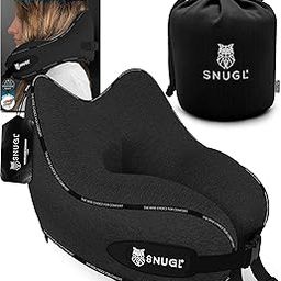 SNUGL Travel Pillow - Memory Foam Neck Cushion - Flight Pillow | Support Neck Pillow for Travel | Travel Neck Pillow for Airplane with Carry Bag & Clip | Flying Travel Essentials (Black - Regular)-1