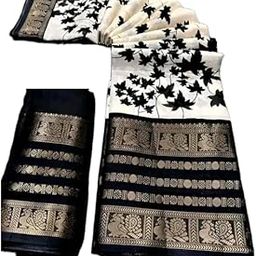 Dola Silk Saree, Black and White Maple Leaf Print, Jacquard Border-image-25