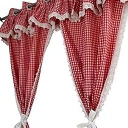 NYSARG Korean Style Gingham Checked Print Curtain for Window, Cotton Blend with Lace and Bow, Set of 2, 70-80% Room Darkening Curtain with Eyelet (Window 5 feet, 60 * 42inch) (Red)-7