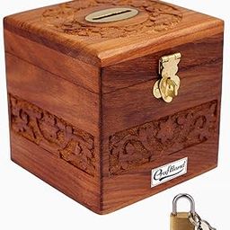 Craftland Wooden Money/Piggy Bank, Money Box, Coin Box with Carved Design for Kids/Children. with Lock-30