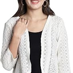 Women Self Design Lace Regular Front Open Shrug (FM-SHRG-14_N) Cream-31