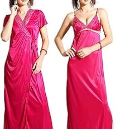Women Satin Semi Sheer Nighty & Over Coat Daily Sleepwear Set (2809 Size XL) Hot Pink-image-114