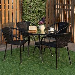 OUTLIVING Garden Patio Seating Chairs and Table Set with Glass Top Balcony Outdoor Furniture with 1 Tables and 4 Chair Set (Black)-image-60