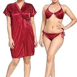 Babydoll Nightwear Lingerie with Robe Babydoll Night wear for Girls and Womens (Maroon Free Size)-image-28