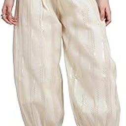 Women's Ethnic Cream Afghani Pants with Golden Foil Stripes | Relaxed Fit Harem Trousers with Drawstring Waist |-image-35