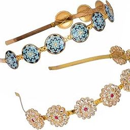 Kundan Minakari Gold Plated Hair Bands Fancy Wedding Hairband Headband for Women & Girls (Blue-Gold Pink)-image-36