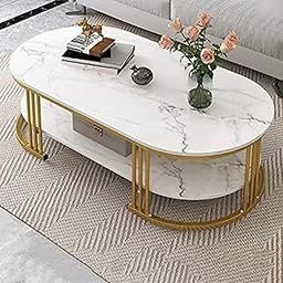 Crown Art Shoppee 2 Tier, Midcentury Modern Coffee Table for Living Room, Centre Cocktail Table with Metal Frame and Faux Marble Look Tabletop, Already Assembled -White Gold 2TR-image-7