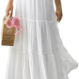Women's Summer Ruffle Hem Long Skirt Women Plain and Pleated Skirt White-image-60