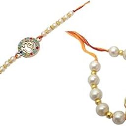 Designer Rakhi Set of 2, Pearl Beaded with Om Charm and Floral Kundan Bracelet Style, Traditional Festival Raksha Bandhan-image-96
