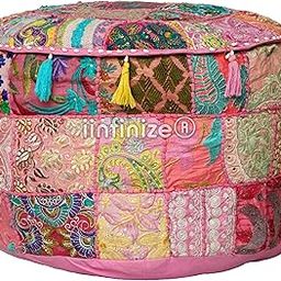 Patchwork Mudda Embroidered Pouffe Khambadiya Ottoman Cotton Bean Bag Cover Round Patchwork Vintage Foot Stool Floor Chair Stool Decor Pouf Cover (18x18x13 Inch)-image-76