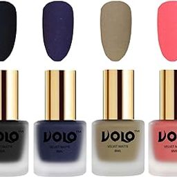 Volo Velvet Dull Matte Posh Shades Party Girl Range Nail Polish Sets(Black, Russian Navy Blue, Sand Nude, Dark Peach 32 ml) Pack of 4-image-81