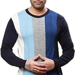 raymond Men's Regular Fit Acrylic Wool Blend Full Sleeve Round Neck Structure Cable Pattern Dark Blue Casual Sweater-picture-40