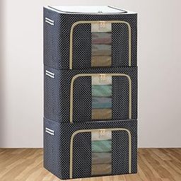 PackPro 66 LTR Foldable Steel Frame Cloths Zip Organizer Bag | Oxford Fabric | Storage and Cover Box for Wardrobe Shelves Clothes, Sarees, Bed Sheet, Blanket Storage Box Navy Blue (Pack of 3)-picture-23