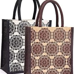 H&B Jute Lunch Bag for Men, Women and Girls - Travel Bag, Handbag With ZIP and Bottle Holder - Mandala Print-image-74