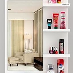 Madhuran Mico Mini Engineered Wood Wall Mount Rectangular Shape Dressing Table Mirror With Shelves White For Living Room-image-51