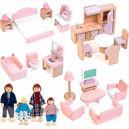 Kizfarm Wooden Dollhouse Furniture Set with 4 Family Dolls, 26 Pieces Fantasy Games Dollhouse Accessories for 4 Rooms, Pink Furniture Toy, Birthday Gifts for Girls, Boys from 3 Years-image-64