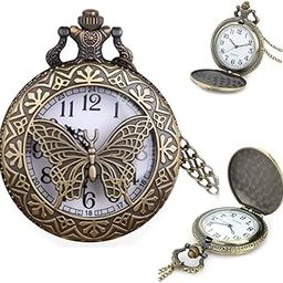 Premium Pocket Watch Butterfly Theme Antique Key Chain Vintage Bronze Analog Pocket Watch Stainless Steel Metal Car Bike Home Keychain with Key Ring Anti Rust Gift for Men & Women-image-82