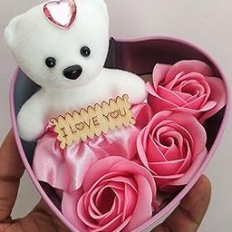 SILLYME Valentine Gift - 1 Cute Teddy with 3 Roses in Small Heart Shaped Box (Baby Pink)-image-47
