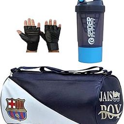 FCB Gym Bag Combo Sports Men's Combo of Leather Gym Bag, Spider Shake Bottle with Gloves Fitness Kit Accessories (Blue)-17