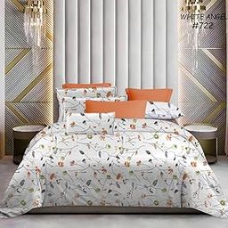 White Angel LuxuryFloral Bedsheet Set, King Size, Orange and Grey Botanical Print, White Background-image-46
