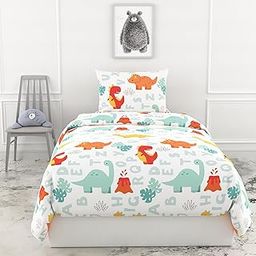 LORETO - A QUALITY LINEN BRAND 100% Pure Cotton Bedsheet for Single Bed, 144TC Soft & Breathable Single Bed Sheet with Pillow Cover (Orange & Mint Alphabet Dino Play, 54 x 84 Inches)-image-39
