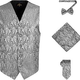 Men's 4pc Paisley Design Waistcoat Tuxedo Dress Vest Necktie Bowtie Handkerchief Set for Suit or Tuxedo, Gray, Large-picture-24