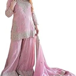 Women's Chinon Silk Embroidered Kurti with Sharara & Dupatta Set with Rivet Moti Work-image-33
