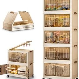Cestbella Stackable Storage Bins with Lids, 5 Tier Storage Cabinet with Wheels Dual Opening Storage Box, Collapsible Closet Organizer Foldable Clothes Snacks Toys Book Container Case for Home Office-image-82