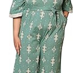 Sage Green Geometric Printed Cotton Flex Plus Size Basic Jumpsuit for women-image-6