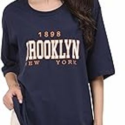 Women's Boho Cotton T-Shirt � Brooklyn Print, Short Sleeve, Round Neck, Oversized Longline Drop Shoulder Design-image-73