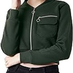 Women's Grey Collared Full Sleeves Solid Bomber Cropped Jacket-image-1