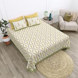 Texstylers Premium Cotton Block Print King Size Bedsheet – 108x108 Inches | Handcrafted Jaipuri Floral Print with 2 Pillow Covers | Soft & Breathable Fabric for All Seasons, Offwhite01-image-2