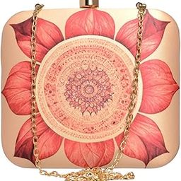 Biege And Red Flower Printed Clutch Bag For Women With Detachable Strap-image-35