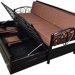 Stylish Queen Size Matte Black Metal Sofa Cum Bed with Hydraulic Storage - 3 Seater | Brown Fabric (6X5) 3-Person Sofa(75 X 60 in)-62