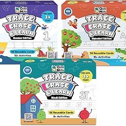 GiniMini Trace, Erase & Learn Combo – Alphabet, Number & Hindi Edition | 200+ Rewritable Pre-Writing Cards for Ages 3+ | Tracing, Counting, Play-Doh, Rhymes | Fine Motor & Early Learning Kit-image-44