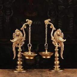 D Brasso Brass Antique Peacock Diya Lamps, Set of 2, Diya Lamp Brass Peacock Hanging Diya Indian Festive Decor, Brass Lamp Housewarming Gift Home Decor Diya.-15