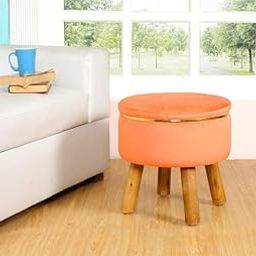 LUXURY ARTS - Pouffe Stools Velvet Ottoman with Wooden Legs – Foam Cushioned for Living Room, Foot Rest, Office, Home Decor, Grey (Orange)-image-34